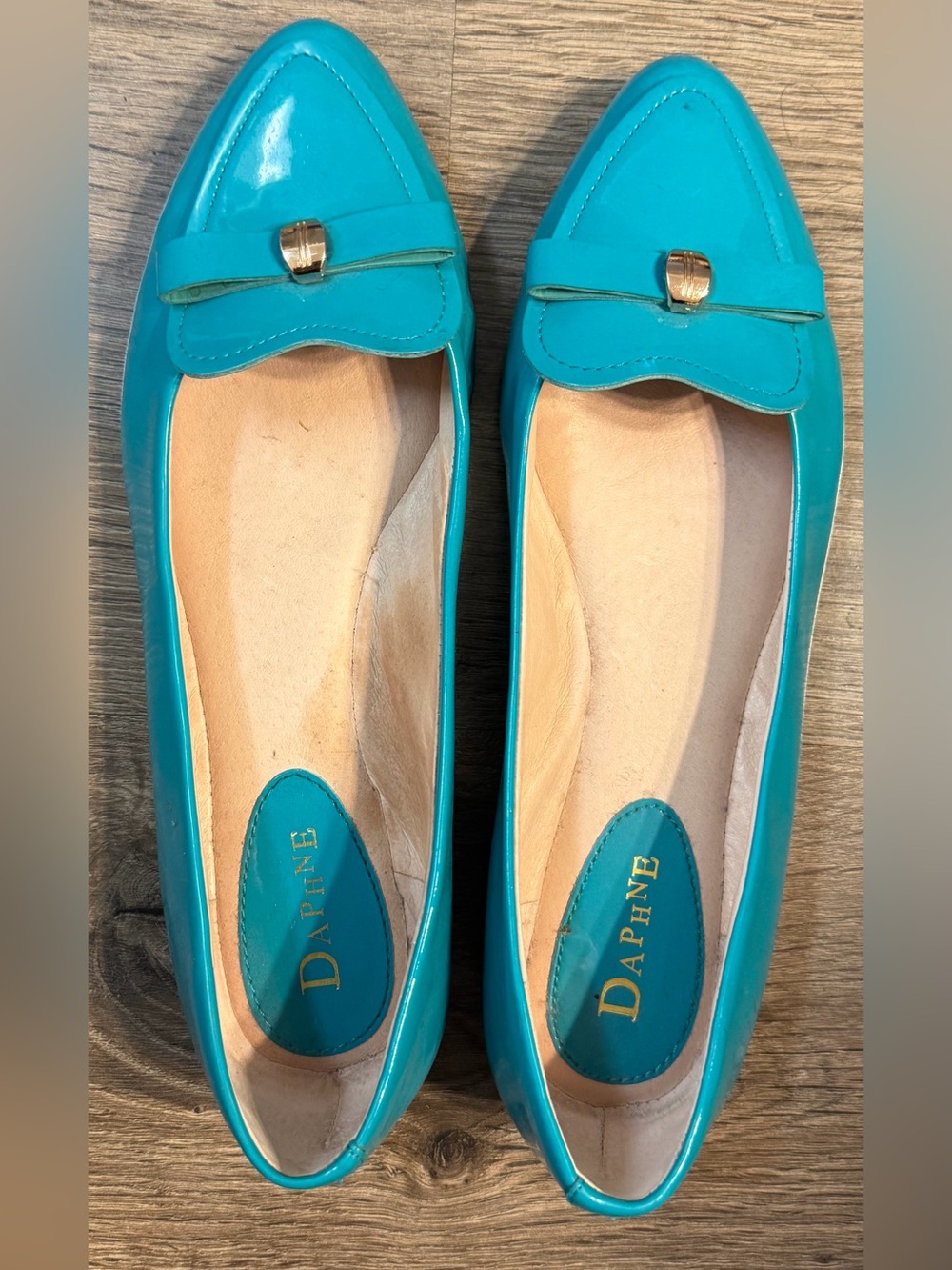 Teal Patent Loafers with Gold Accent